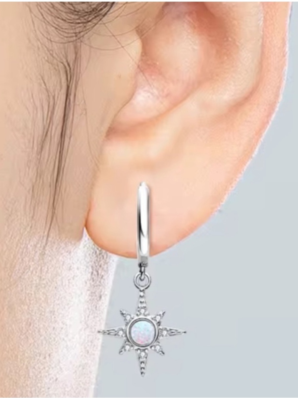 925 Silver Starburst Opal Drop Hoop Earrings